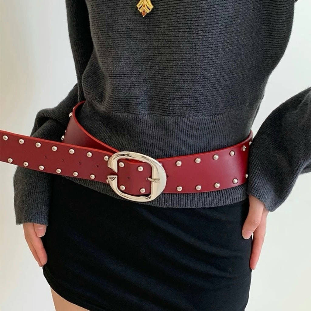 Ceinture à rivets en cuir PU pour femme, couleur unie, style décontracté