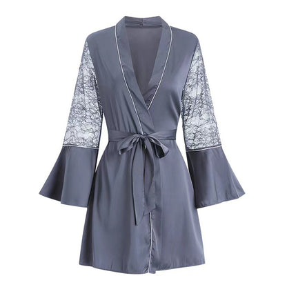 Elegant Lace Splicing V-Neck Long-Sleeve Dress Pajamas