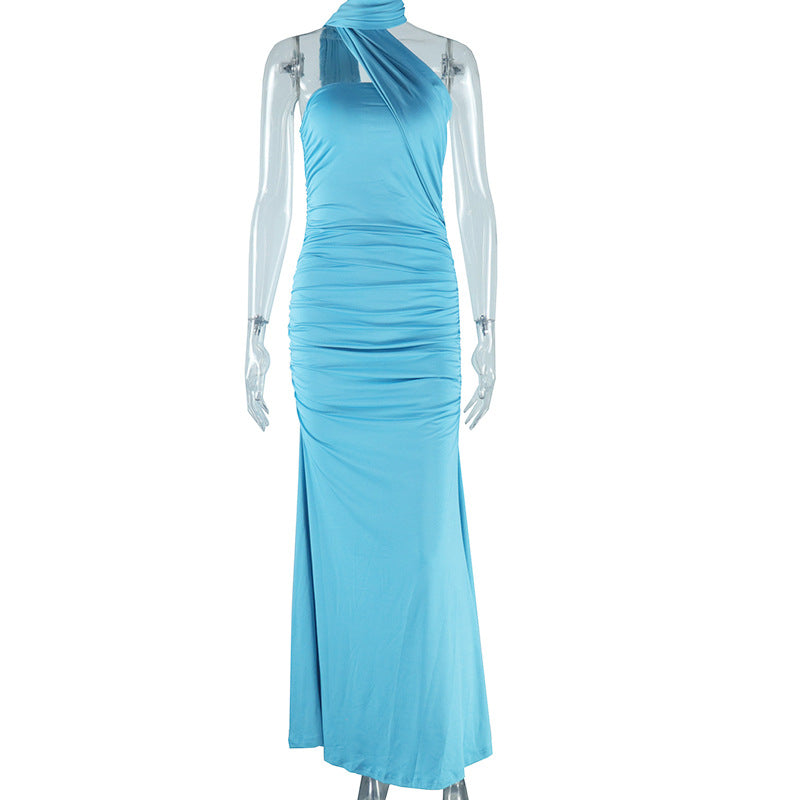 Women Elegant Solid Color Neck Bodycon Maxi Dress
