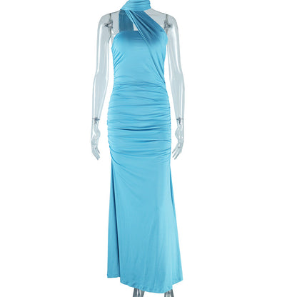 Women Elegant Solid Color Neck Bodycon Maxi Dress