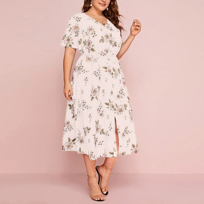Vestido informal de gasa con cuello en V y estampado floral para mujer, talla grande
