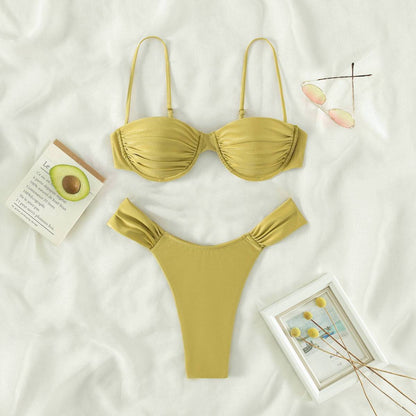 Traje de baño bikini plisado de color sólido sexy de moda para mujer