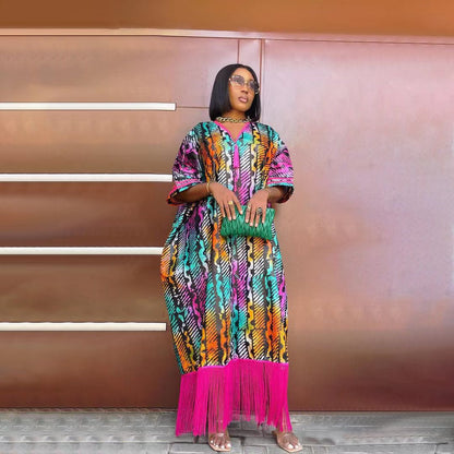 Women Fashion Boho V-Neck Tassel Loose Short Sleeve Maxi Dress