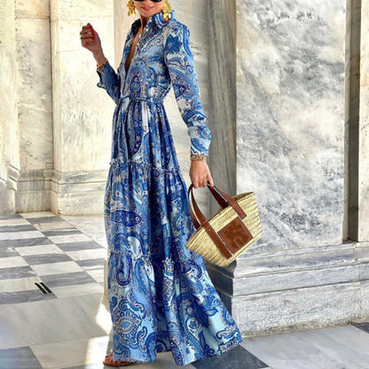 Vestido bohemio de cachemira de manga larga para mujer en azul, verde y rojo