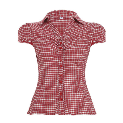 Chemisier slim à carreaux et manches bouffantes pour femme