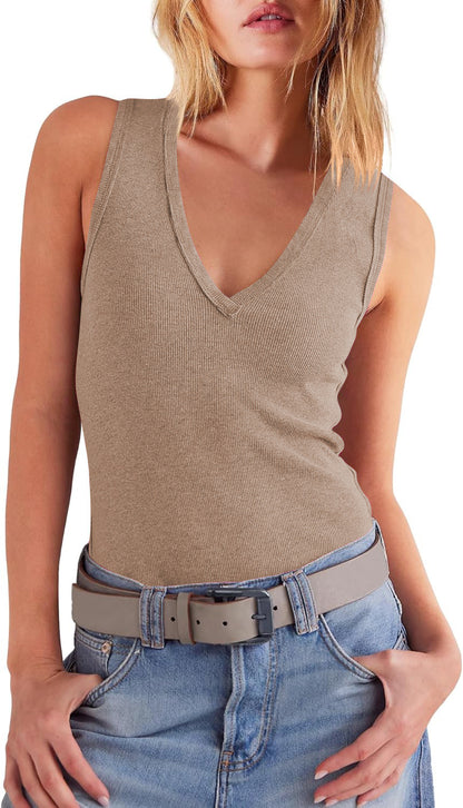 Débardeur en tricot à col en V, simple et tendance, couleur unie, pour femme