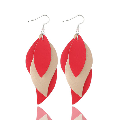 Women Fashion Pu Leather Triple Leaf Shape Earrings
