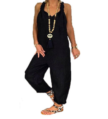 Women Casual Solid Color Linen Sleeveless Jumpsuits