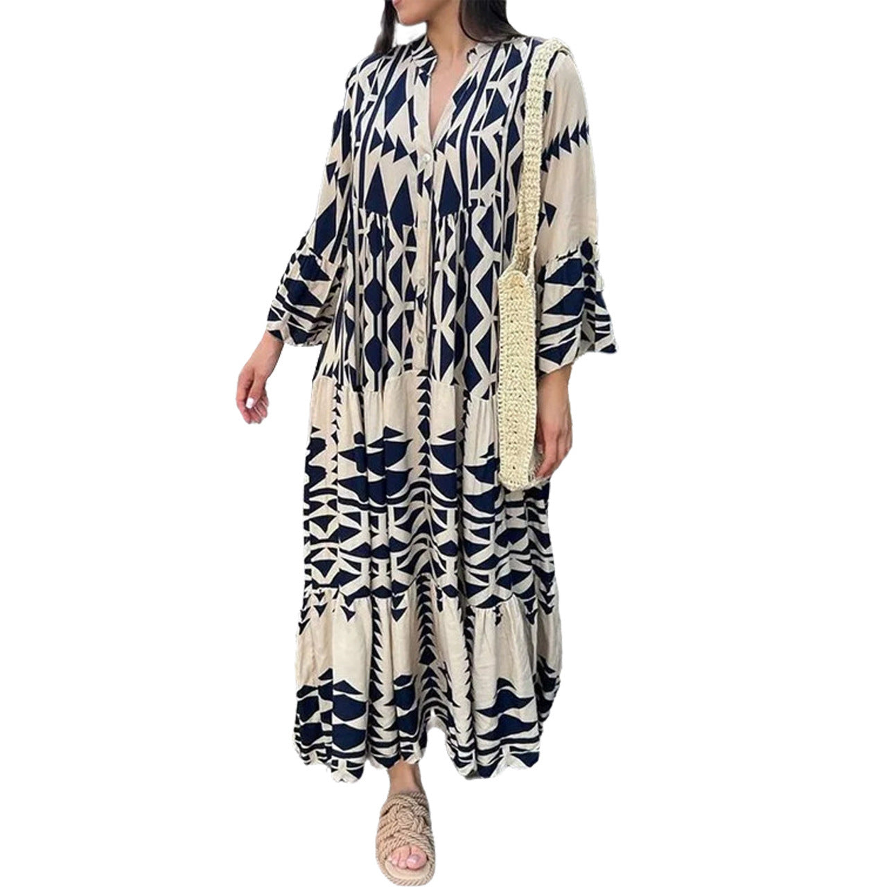 Robe chemise longue décontractée style bohème à imprimé géométrique et col en V pour femme