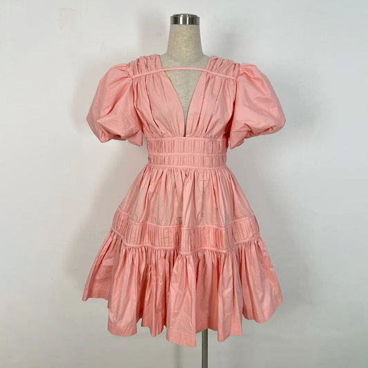 Women Fashion Elegant Solid Color V-Neck Puff Sleeve Dress