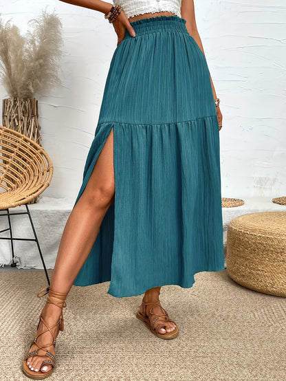 Women Fashion Casual Solid Color High Split Ruffle Skirt