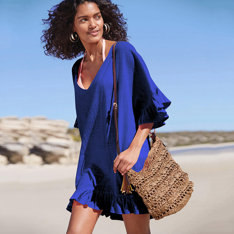 Vestido playero informal de color liso con cuello en V y volantes para mujer