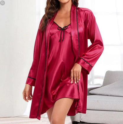 Women Solid V-Neck Sling Bow Satin Skirt Pajamas Two-Piece Set