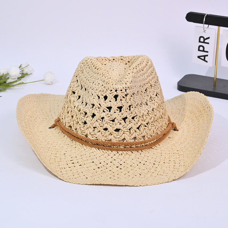Sombrero de paja tejido a mano estilo occidental, informal, para mujer
