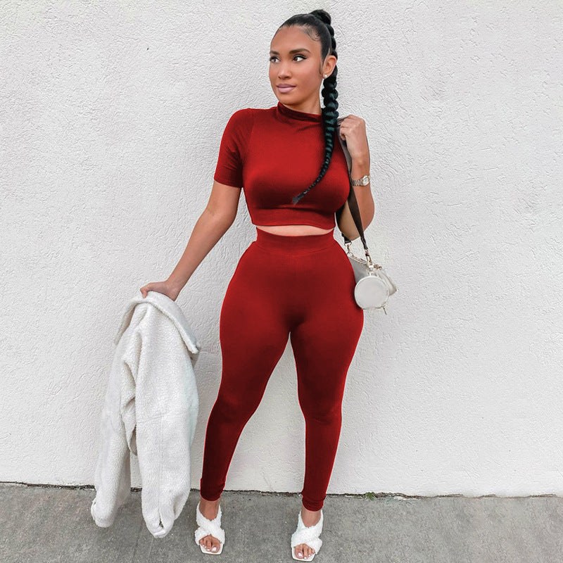 Ensemble deux pièces décontracté pour femme, haut court et pantalon en élasthanne, couleur unie