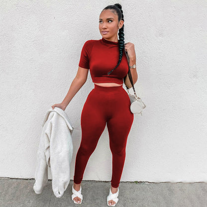 Ensemble deux pièces décontracté pour femme, haut court et pantalon en élasthanne, couleur unie