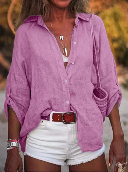 Women Casual Solid Color Long Sleeve Cotton Linen Shirt