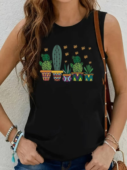 Camiseta sin mangas con cuello redondo y estampado informal a la moda para mujer