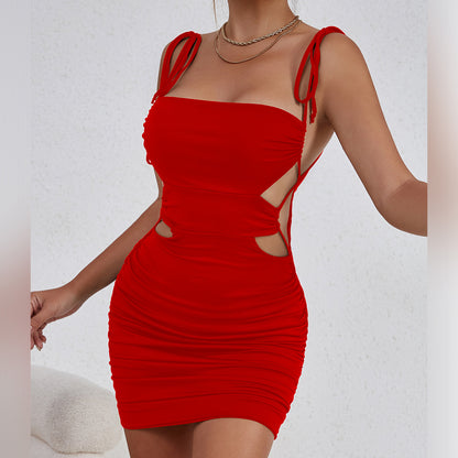 Women Sexy Solid Color Pleated Hollow Bodycon Dress with Spandex