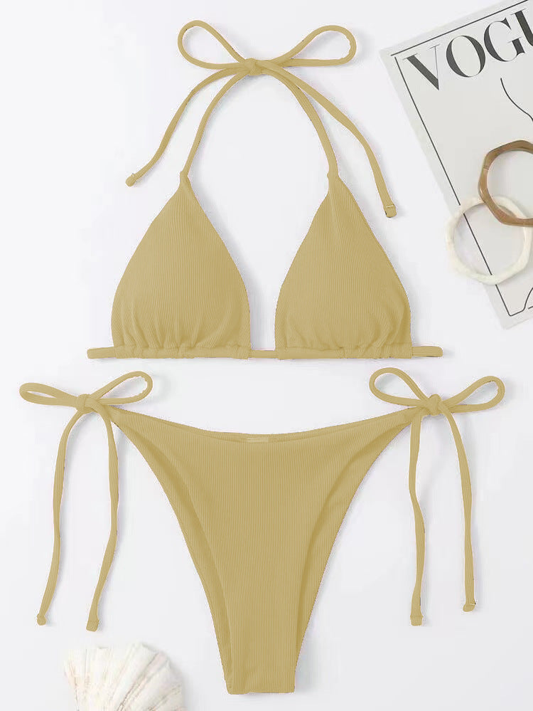 Conjunto de bikini sexy con tirantes finos de color liso para mujer de verano