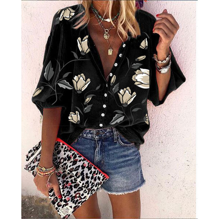 Chemisier décontracté à manches longues et imprimé floral pour femme, en polyester