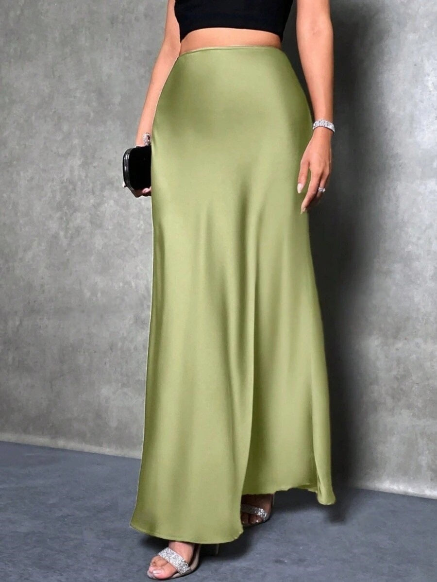 Women Fashion Casual Solid Color Satin Skirt