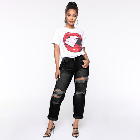 Women Fashion Casual Ripped Straight Jeans