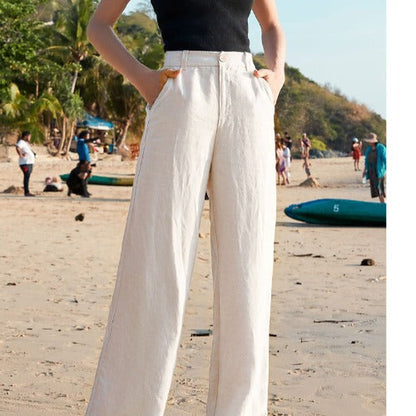 Pantalones anchos de cintura alta de lino y algodón para mujer