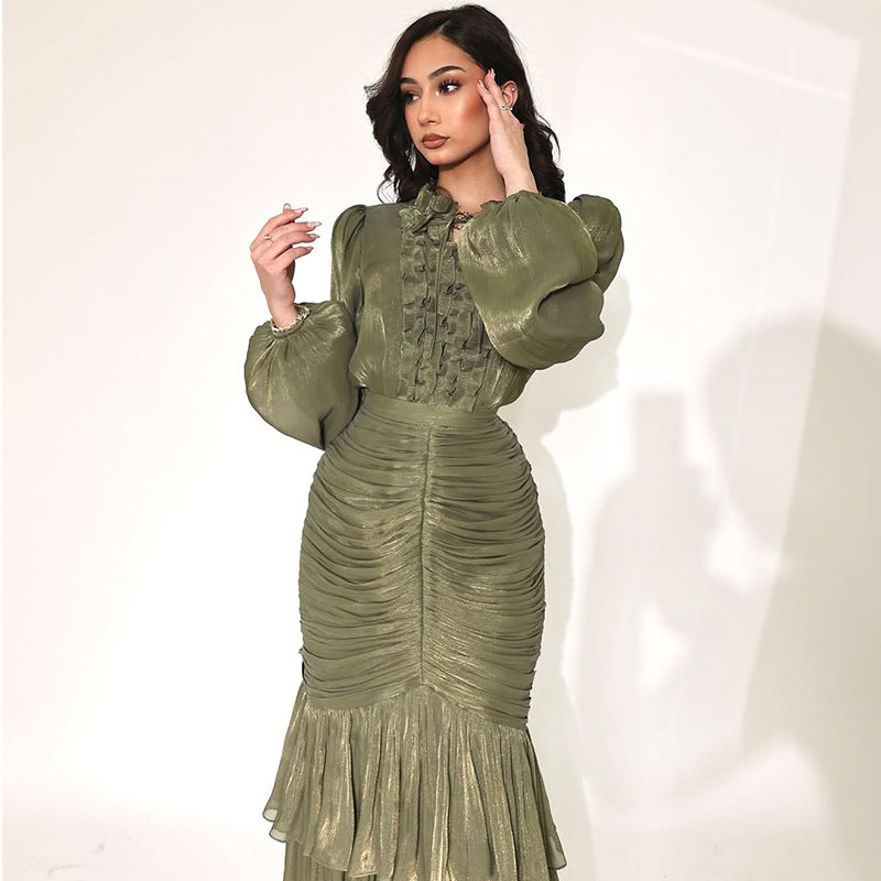 Women Elegant Solid Color Long Sleeve Ruffled Maxi Dress