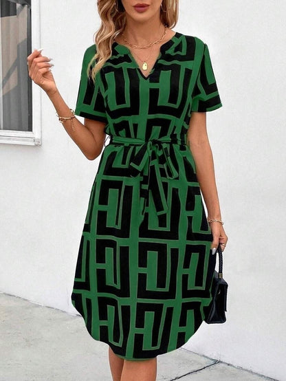 Women Fashion Casual Printed V-Neck Dress