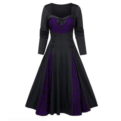 Women Gothic Skull Lace Stitching Color Contrast Dress