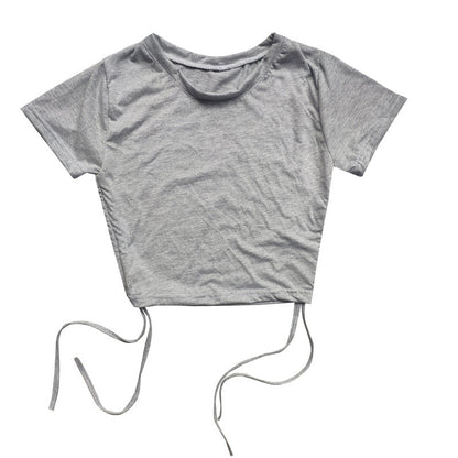 Top corto de manga corta con cordón ajustable, sexy, de color liso, a la moda para mujer