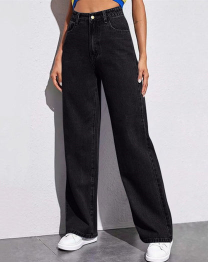 Women Fashion Casual Solid Color High Waist Jeans
