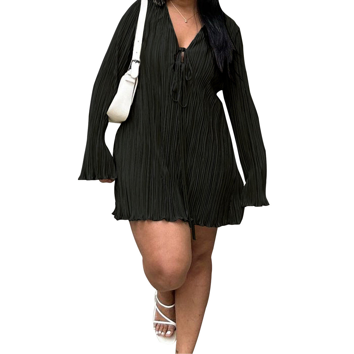 Vestido informal de manga larga con cuello en V y talla grande para mujer
