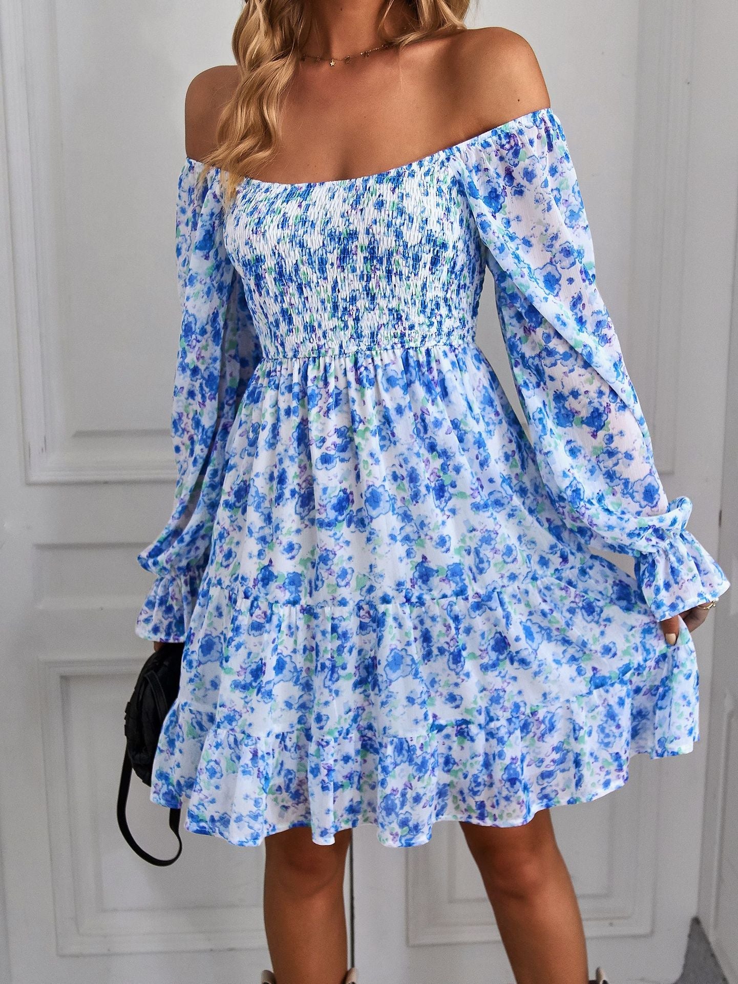 Women's Fashion Boho Style Floral Printing U-Neck Ruffled Dress