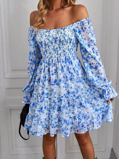 Women's Fashion Boho Style Floral Printing U-Neck Ruffled Dress