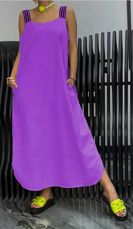 Vestido informal de algodón y lino de color liso para mujer