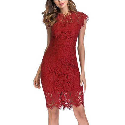 Women Fashion Sexy Solid Color Lace Short-Sleeve Dress