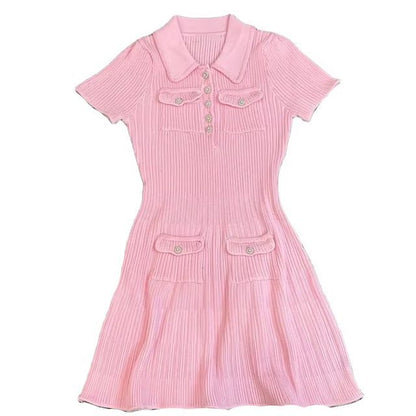 Women Elegant Solid Color Short Sleeve Polo Dress