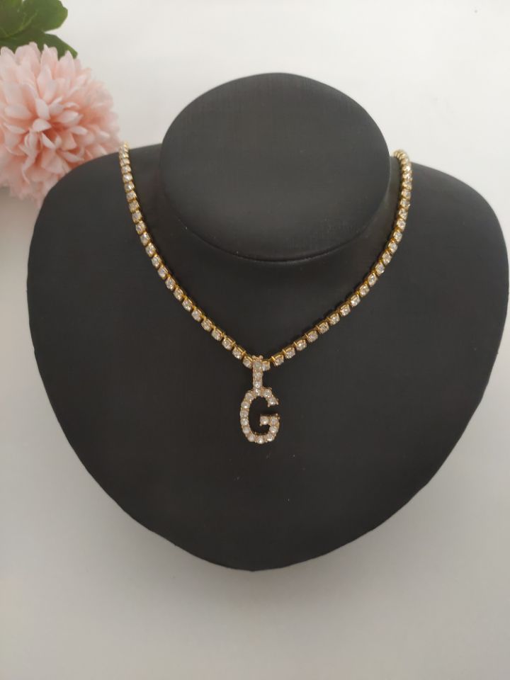Women Rhinestone Alphabet Necklace