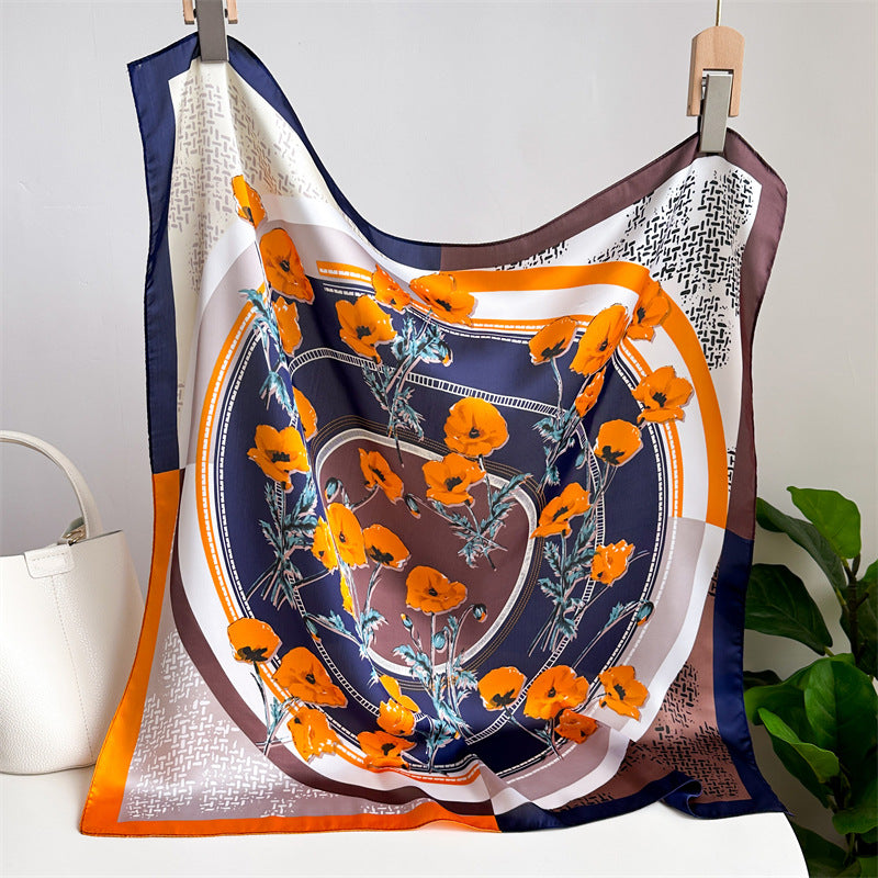 Pañuelo cuadrado de satén de seda con estampado de lirios y flores de 70 cm
