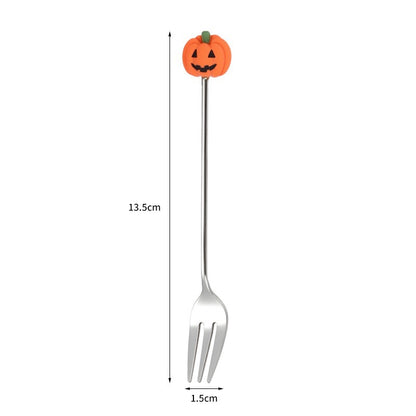 Tenedor y cuchara de acero inoxidable para postres y frutas con dibujos animados de Halloween.