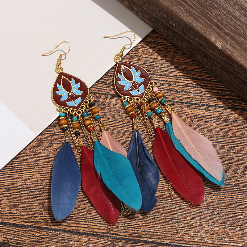 High-Value Feather Bohemian Long Tassel Earrings