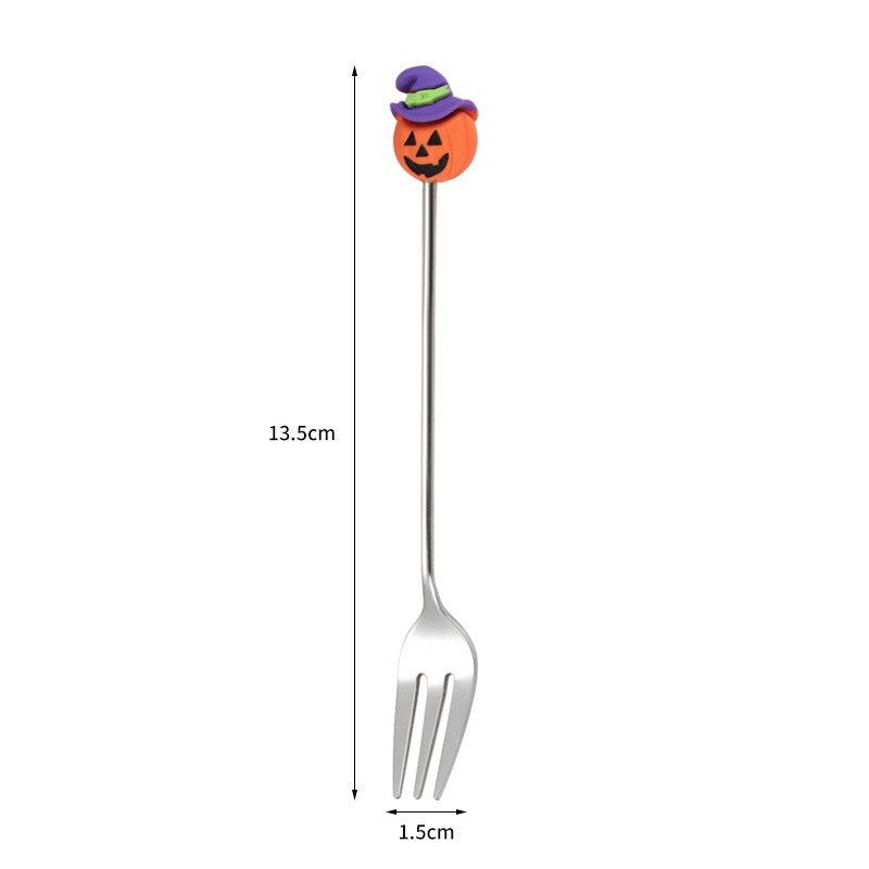 Tenedor y cuchara de acero inoxidable para postres y frutas con dibujos animados de Halloween.