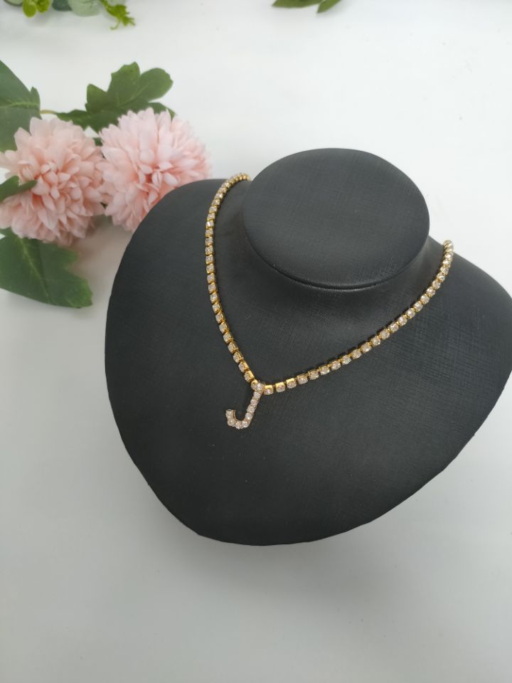 Women Rhinestone Alphabet Necklace