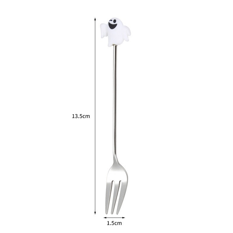 Tenedor y cuchara de acero inoxidable para postres y frutas con dibujos animados de Halloween.
