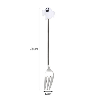 Tenedor y cuchara de acero inoxidable para postres y frutas con dibujos animados de Halloween.