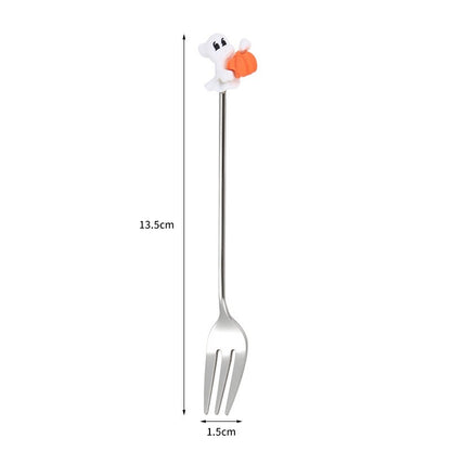 Tenedor y cuchara de acero inoxidable para postres y frutas con dibujos animados de Halloween.