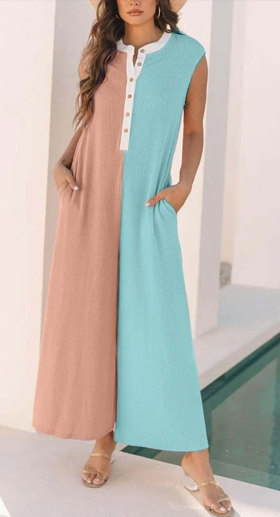 Women Fashion Casual Colorblock Sleeveless Jumpsuit