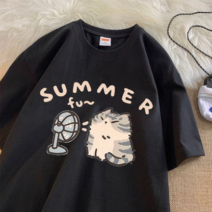 Camiseta informal de manga corta con estampado de dibujos animados para mujer